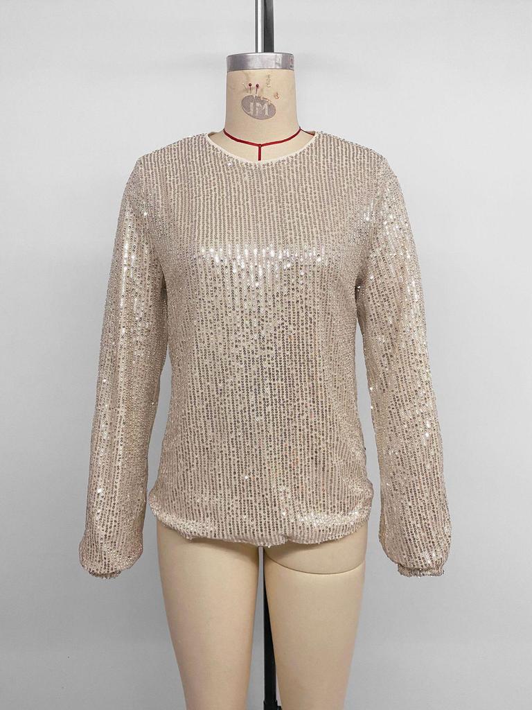 European Style 2025: Women's Elegant Sequin Party Shirt with Round Neck and Backless Design