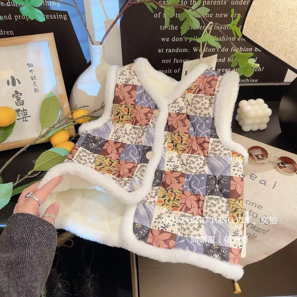 Children's Chinese-Style Fleece-Lined Cotton Vest for Autumn/Winter - Floral Design, Warm New Year Outfit