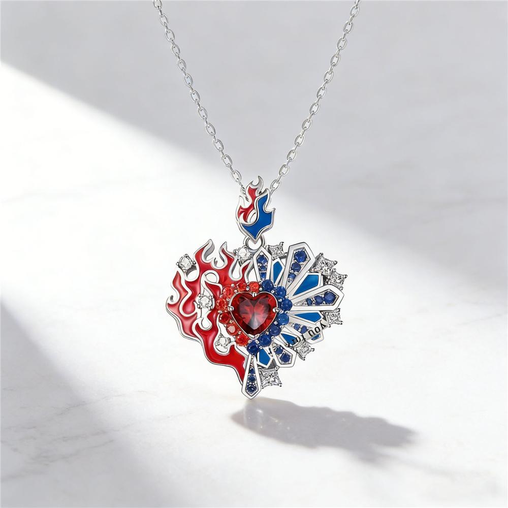 Charm Female Red White Blue Zircon Stone Round Skeleton Heart Fire Ice Pendant Necklace Silver Color Wedding Jewelry For Women