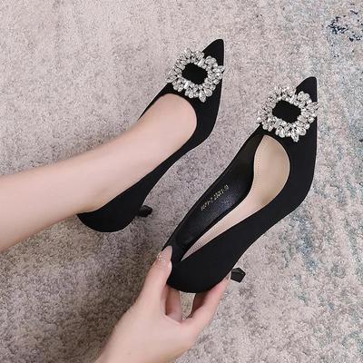 Damen Schuhe Mode Strass Quadratische Schnalle Brautjungfer Hochzeitsschuhe Einfarbiges Flock Spitzzehen Stiletto Pumps Französische Hohe Absätze