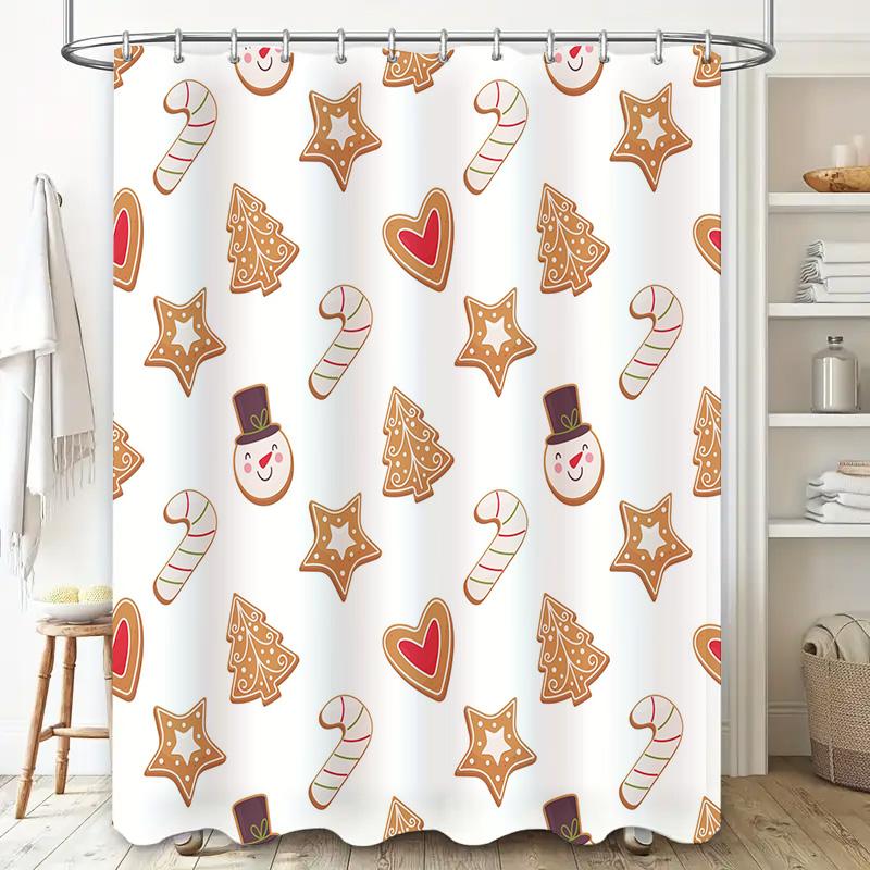 Christmas Shower Curtain, Gingerbread Cookies Pattern Bathroom Decor Set for Holiday Season Home Kitchen Waterproof Fabric with