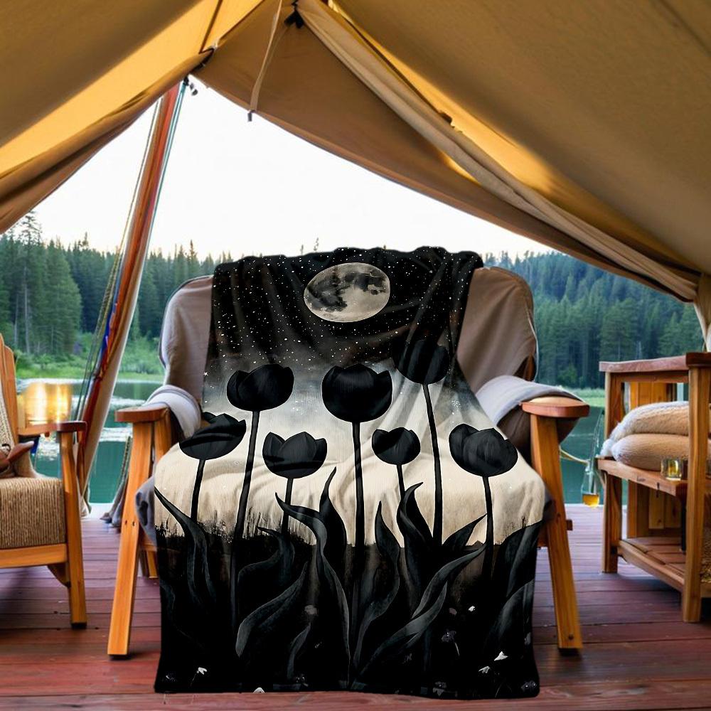 1PC Moonlit Tulips Outdoor Blanket Lightweight Flannel, Soft & Warm, All-Season Use for Sofa, Outdoor, Camping, Living Room, Office58