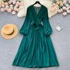 Autumn Women Vintage Pleated Midi Dress Elegant V-Neck Puff Long Sleeve High Waist A-Line Red Green Dresses