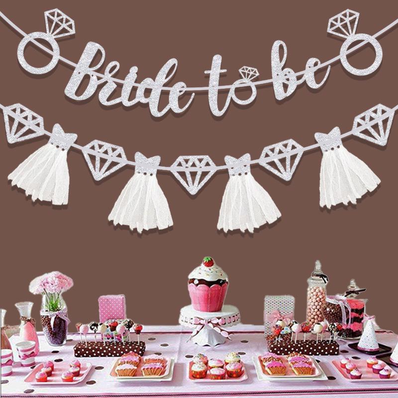 European & American Wedding Party Decor: 'Bride to Be' Tulle Skirt Glitter Banner with Diamond Ring Design