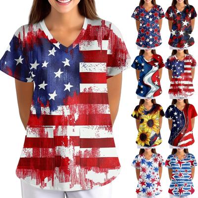 Plus Size Printed Scrub Working Uniform Tops For Women's Cross V-Neck  Short Sleeve Fun T-Shirts Workwear Tee With Pockets