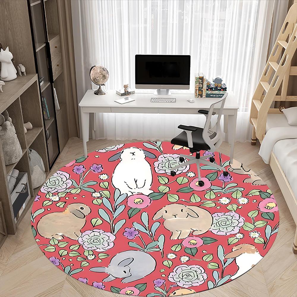 1pc Rabbit Floral Pattern Office Round Rug, Non-slip, Soft and Durable Office Rug for Interior Decoration, Perfect for Office, Beautiful Decoration Yy
