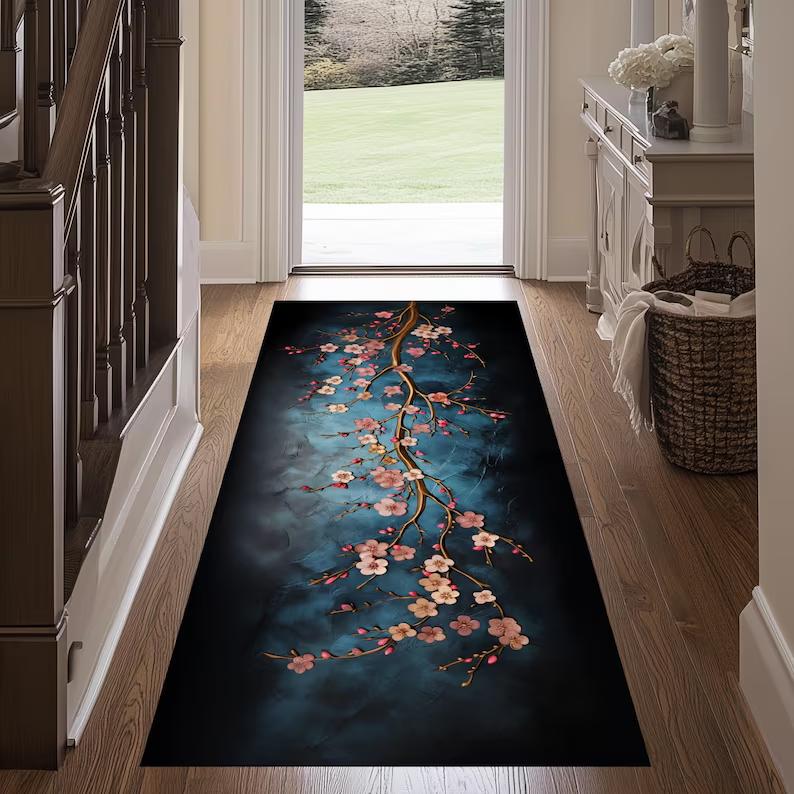 

Teal Sakura Blossom Runner Rug Japanese Floral Hallway Carpet Non-Slip Machine-Washable Home Decoration Carpet 40X120CM