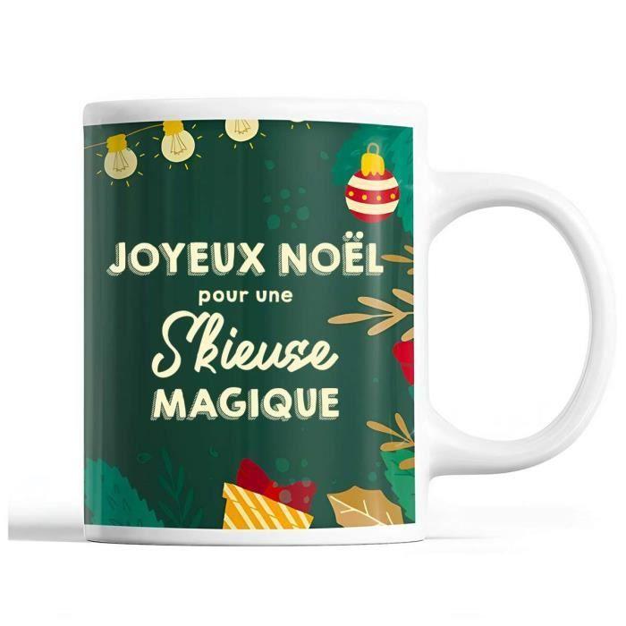 Mug - Christmas Cup Woman Skier - Green - 325 Ml - Dishwasher and Microwave Safe