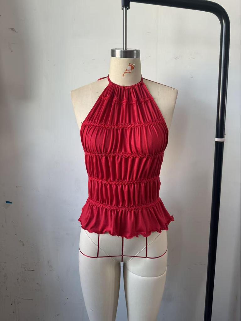 2026 Summer Solid Color Pleated Halter Neck Women's Open Back Lace-up Top