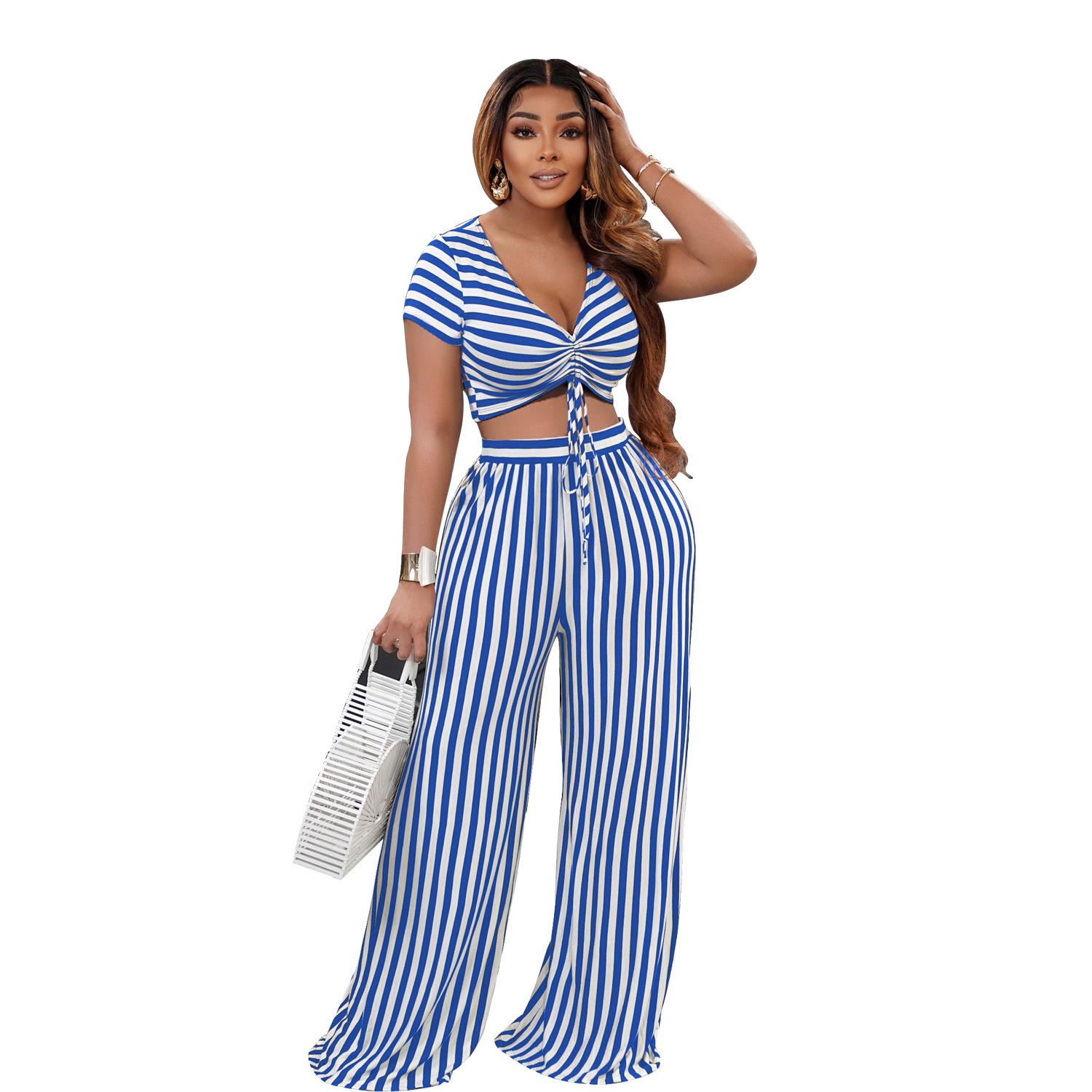 

AL207 European & American Women s Striped V-Neck Short Sleeve Two-Piece Set - Loose Fit for Spring/Summer L синий