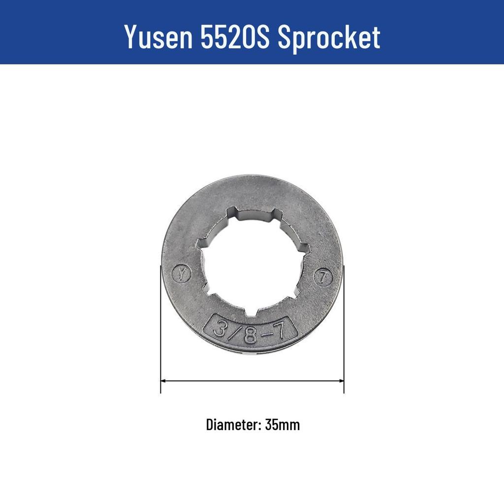 Yusen Chainsaw 5520 Parts: Cylinder, Carburetor, Clutch, Drive Disc, Pull Starter, Ignition Coil, Air Filter.