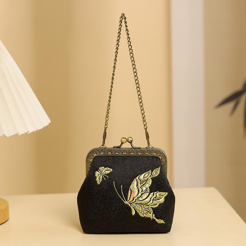 Embroidery Clip Lock Women's Coin Purse Retro Bifold Kiss Lock Small Wallet Simple Chains Lipstick Portable Pocket Clutch Bags