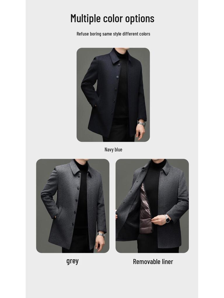 Hengyuanxiang Herren Quadratischer Kragen Mittellanger Wollmantel mit Abnehmbarem Daunenfutter - 2025 Herbst/Winter Warmer Windbreaker