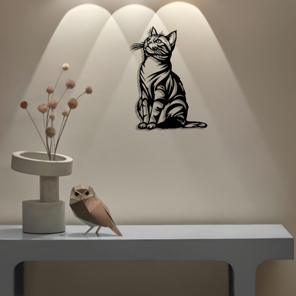 Elegant Metal Cat Wall Art Black White Stripe Silhouette Home Office Patio Kitchen Decor Removable Reusable Housewarming Gift