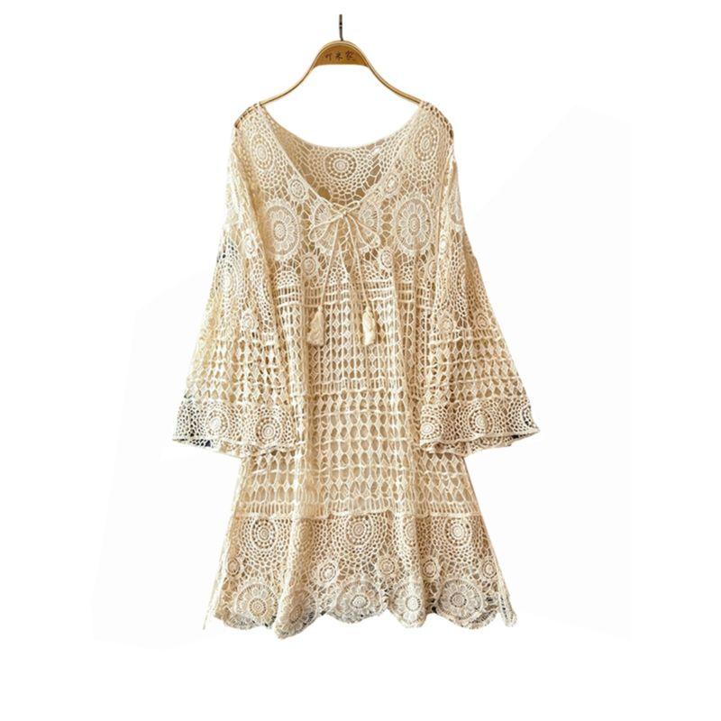 Stylish Cut Out Crocheted Knitting Blouse Dress Women's Summer Plus Size Plus Size Ladies Outdoor Seaside Holiday Midi Dress