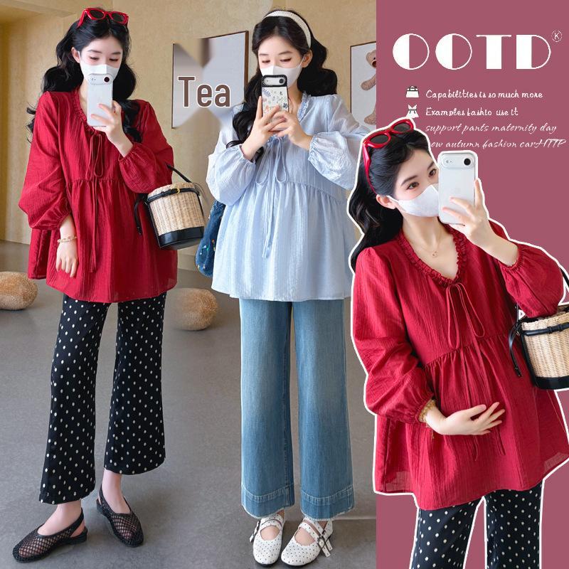 Spring 2026 Korean Maternity Lace-Up Doll Shirt Top Extra Large