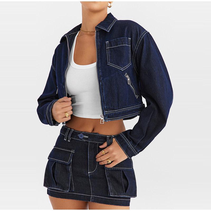 Women Denim Jackets Turn Down Collar Zippers Coats 2025 Spring Long Sleeve Basics Pockets Washing Solid Color Slim Outerwear
