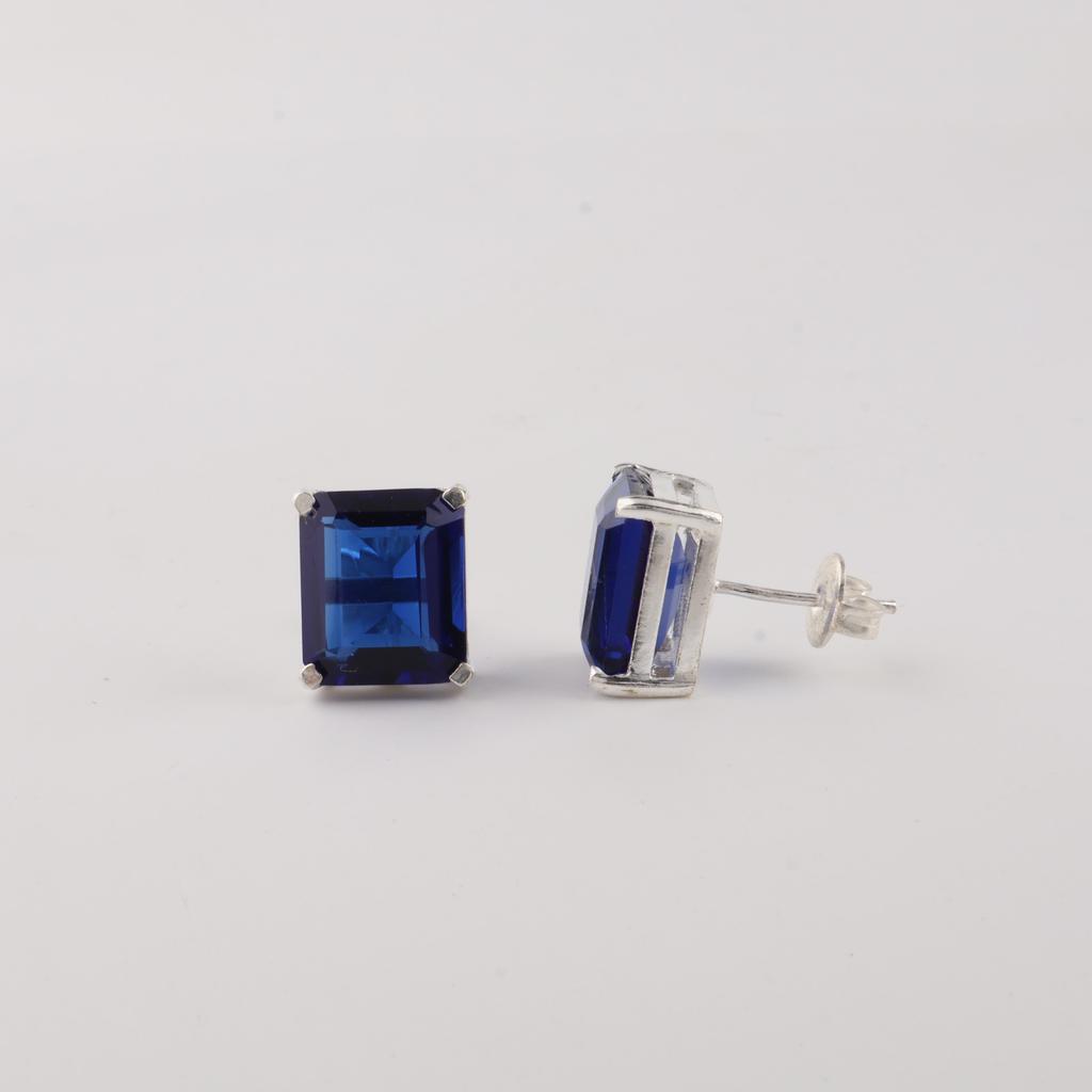 Blue Sapphire Gemstone 925 Sterling Silver Handmade Jewelry Partywear Stud Earrings 0.4" , September Birthstone, Anniversary Gift For Her EE-179-4