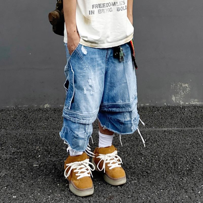 EastRogue Heavyweight Washed-out Distressed Splashed Ink Fringed Deconstructed Niche Vibe Denim Shorts
