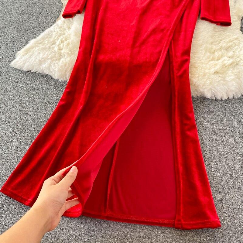 Podzimní nové večerní šaty Hepburn Rozdělené bokové šaty Sexy temperament Diamantový čtvercový výstřih Zlaté sametové šaty