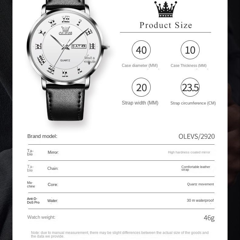 OLEVS Brand Double Calendar Glow-in-the-dark Waterproof Men's Watch Leather Business Casual Couple Watch Men