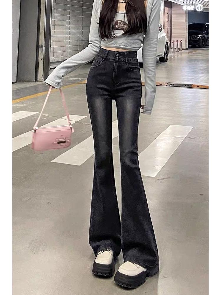 

Women s High-Waisted Black-Gray Micro-Flared Velvet Jeans - Retro Slimming Wide-Leg, Spring/Autumn 2025. Default option