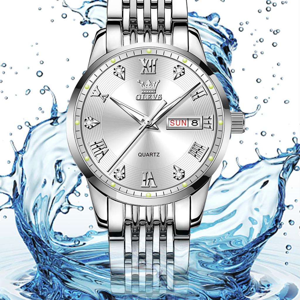 OLEVS Ladies Watch Analog Quartz Popular Waterproof Watch White Business Stylish Silver Dial Small Stainless Steel Band Ladies Watch White Date Day of