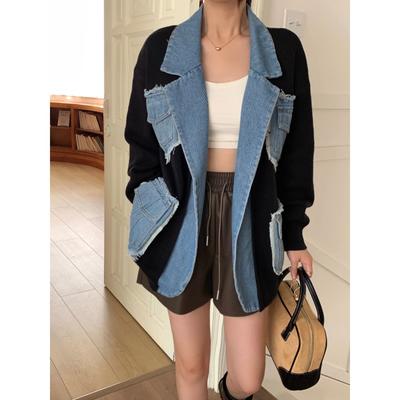 DIMANAF 2025 Plus Size Autumn Women Patchwork Denim Sweaters Jacket Pockets Knitting Fashion Casual Style Blue Loose Sweater