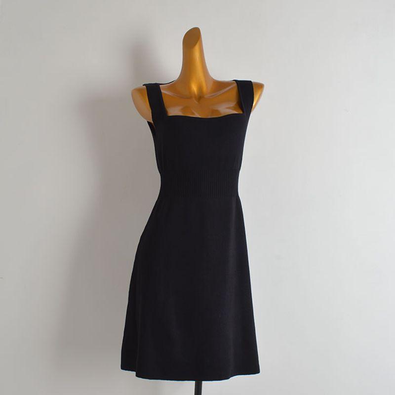 

Simple Black Square Collar Sleeveless Knitted dress Women clothes Autumn Waist Hugging Slimming Mid-Length Sheath Vest Dress Black All yards