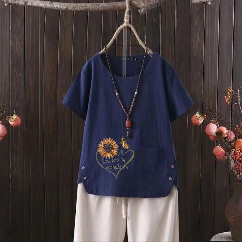 

Женская мода Подсолнух Бабочка Принт Лето Повседневный Свободный короткий рукав Футболка Летняя блузка Топы 4XL темно-синий