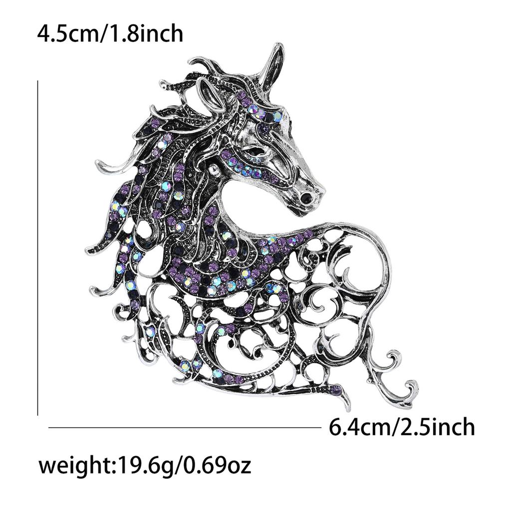 Vintage Hollow Out Handsome Horse Brooch Crystal Badge Pin Jewelry Accessory