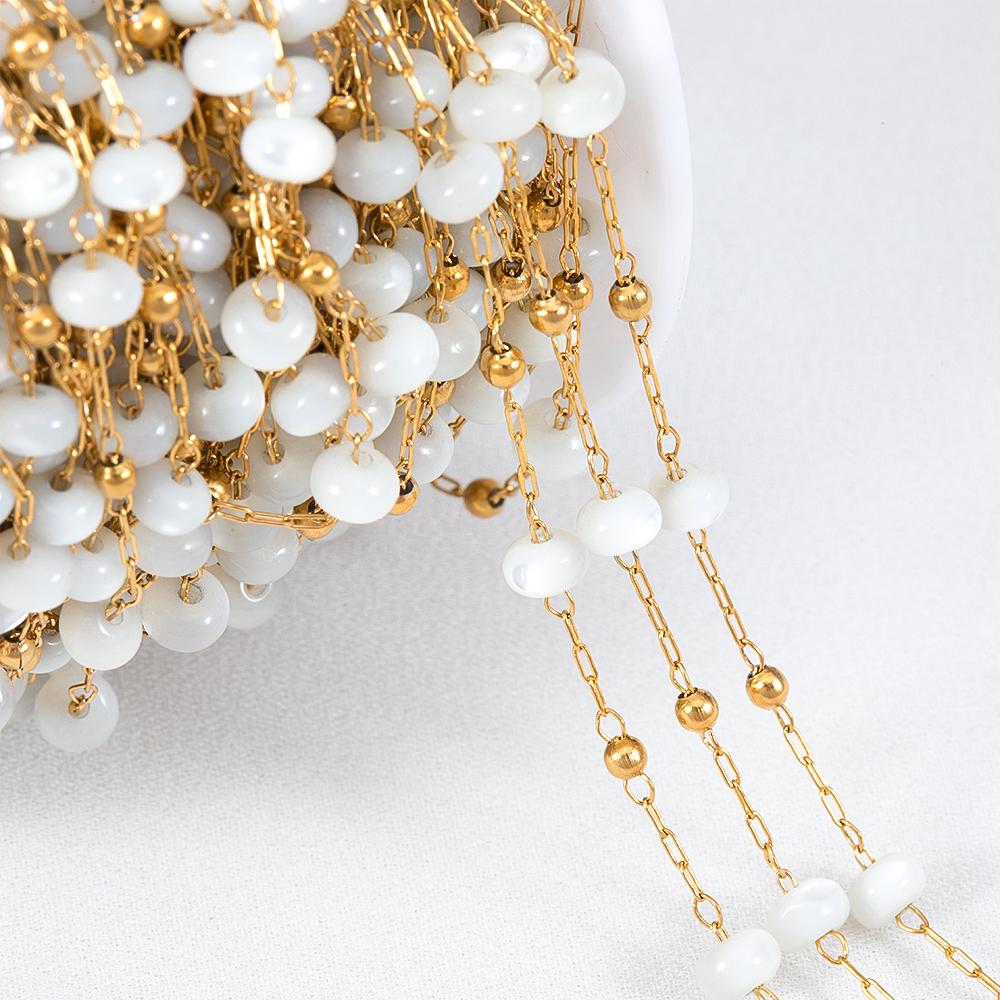 1M Stainless Steel Beaded Chain Elegant White Glass Flat Beads Gold Color Chains for DIY Women Necklace Bracelets Jewelry Making