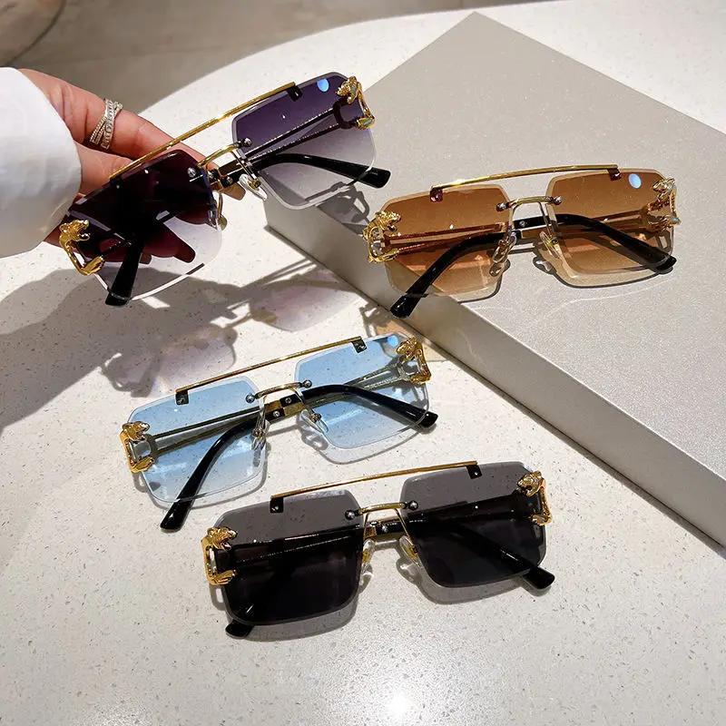 Fashion Popular Stylish UV400 Sunglasses Women Men Rimless Square Double Bridge Sun Glasses Shades Luxury Leopard Templets Goggles