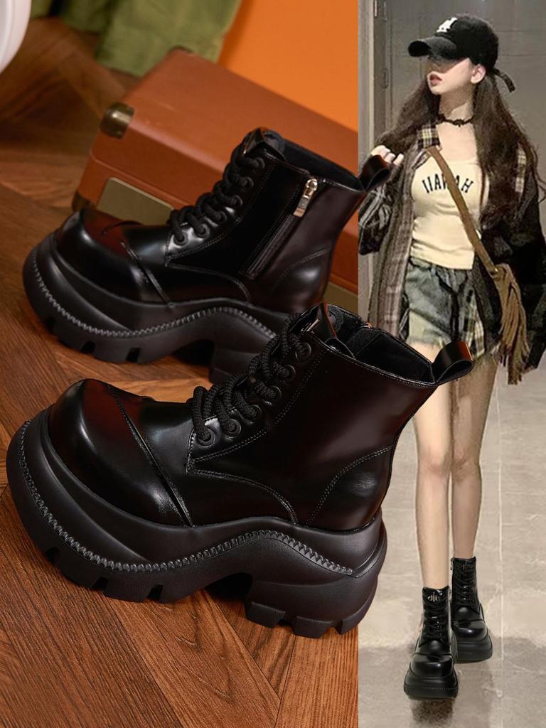 Black big-headed Martin boots for women's British style 2025 autumn new thick-soled heightened versatile huge good-looking knight short boots