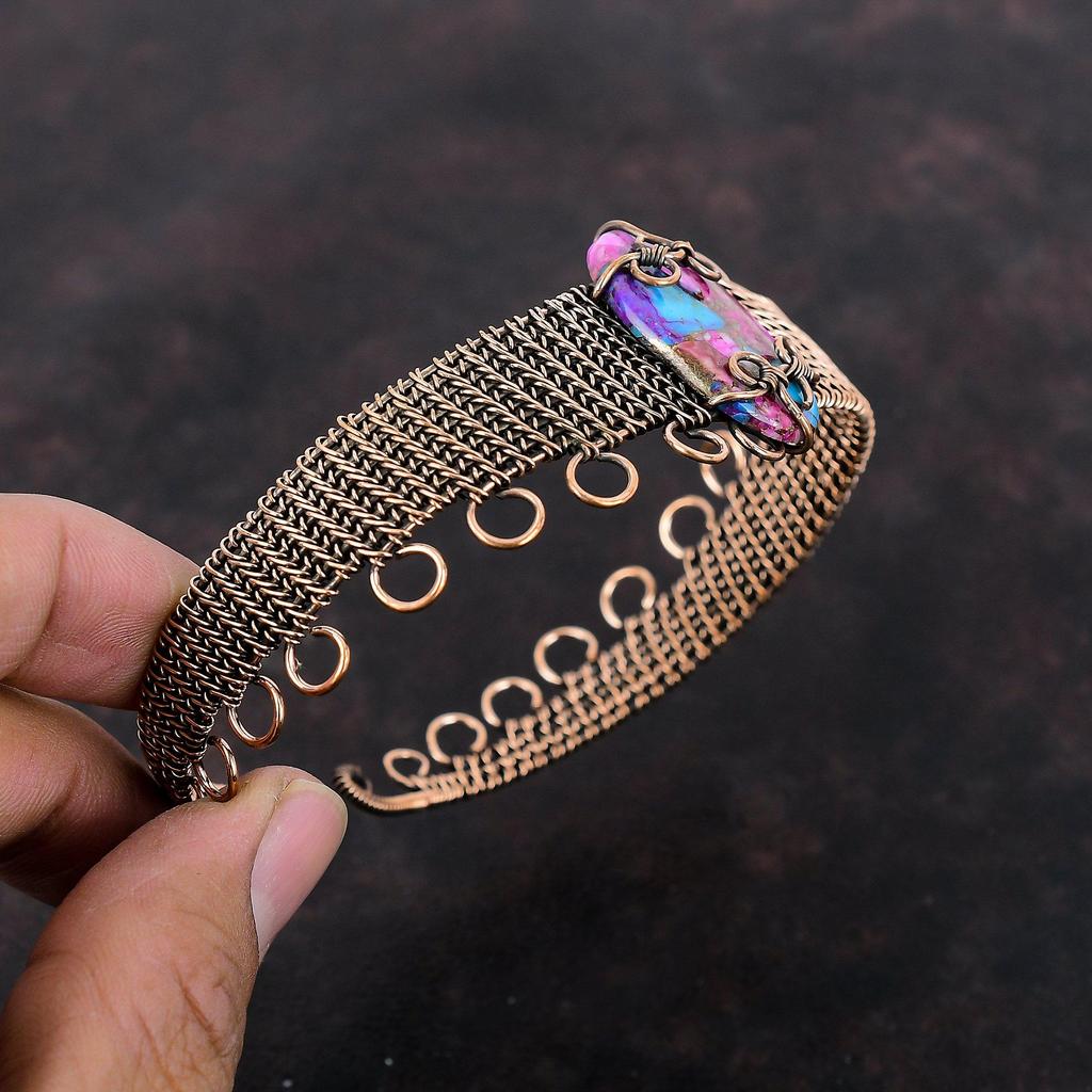 Kingman Pink Dahlia Turquoise Bangle Copper Wire Wrapped Gemstone Cuff Bracelet Adjustable Bangle Handmade Copper Wire Jewelry Wedding Gift