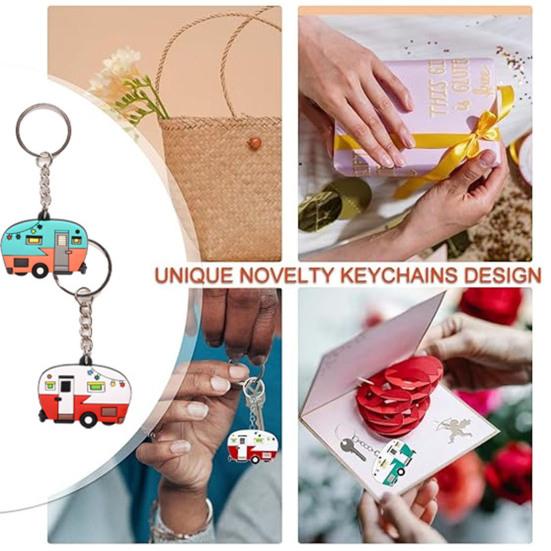Yousheng Cartoon RV Shape Keychain, Contrasting Color Keyring Accessories for Travel Trailers, Enameled Metal Retro Camping Car