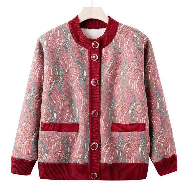 Middle-aged and Elderly New Style Mother Suit Plus Velvet Thick Cardigan Sweater Grandma Autumn and Winter Sweater Female Old Lady Coat