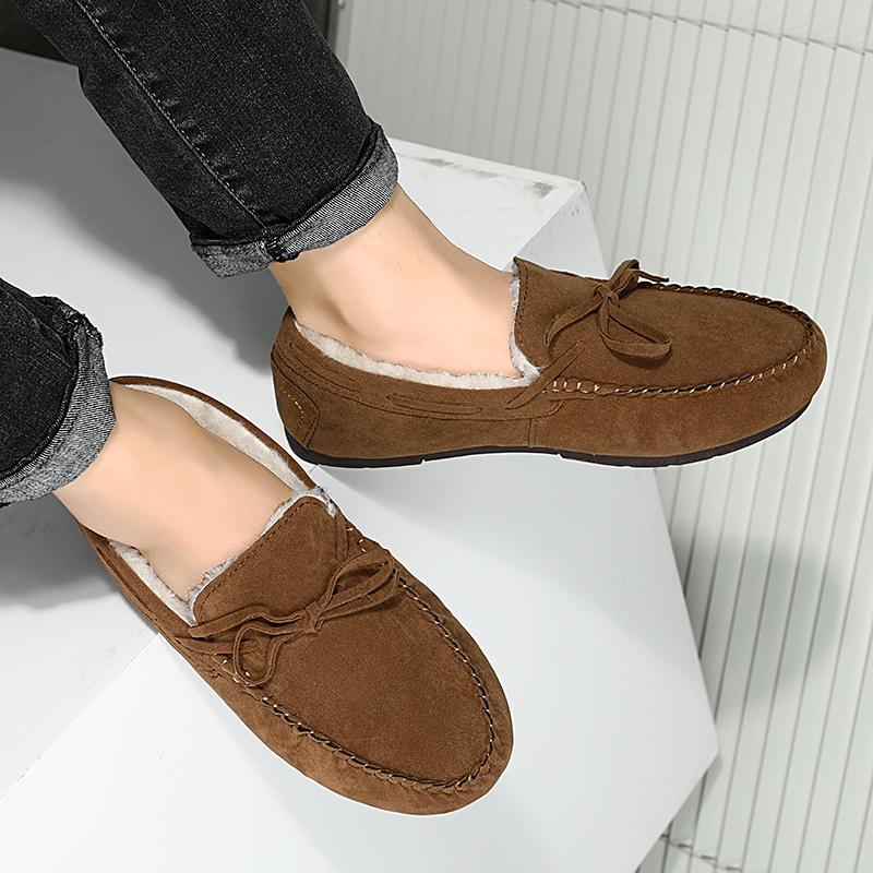 Fashion Winter Suede Driving Flats Loafers Doudou Shoes Men Plus Warm Bow Korean Version of Casual Shallow Mouth Flat Lazy Cotton Shoes