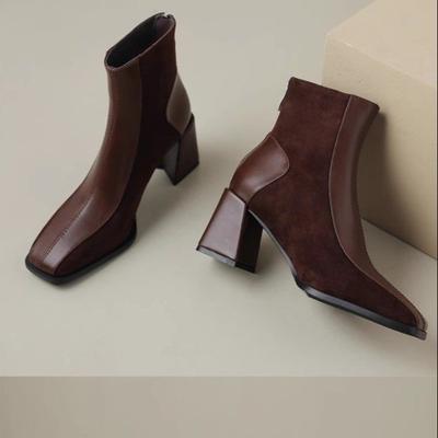 Herbst Vintage Dicke Absätze Damen Stiefeletten Mode Eckige Zehen Damen Elegant Modern Kurze Stiefeletten