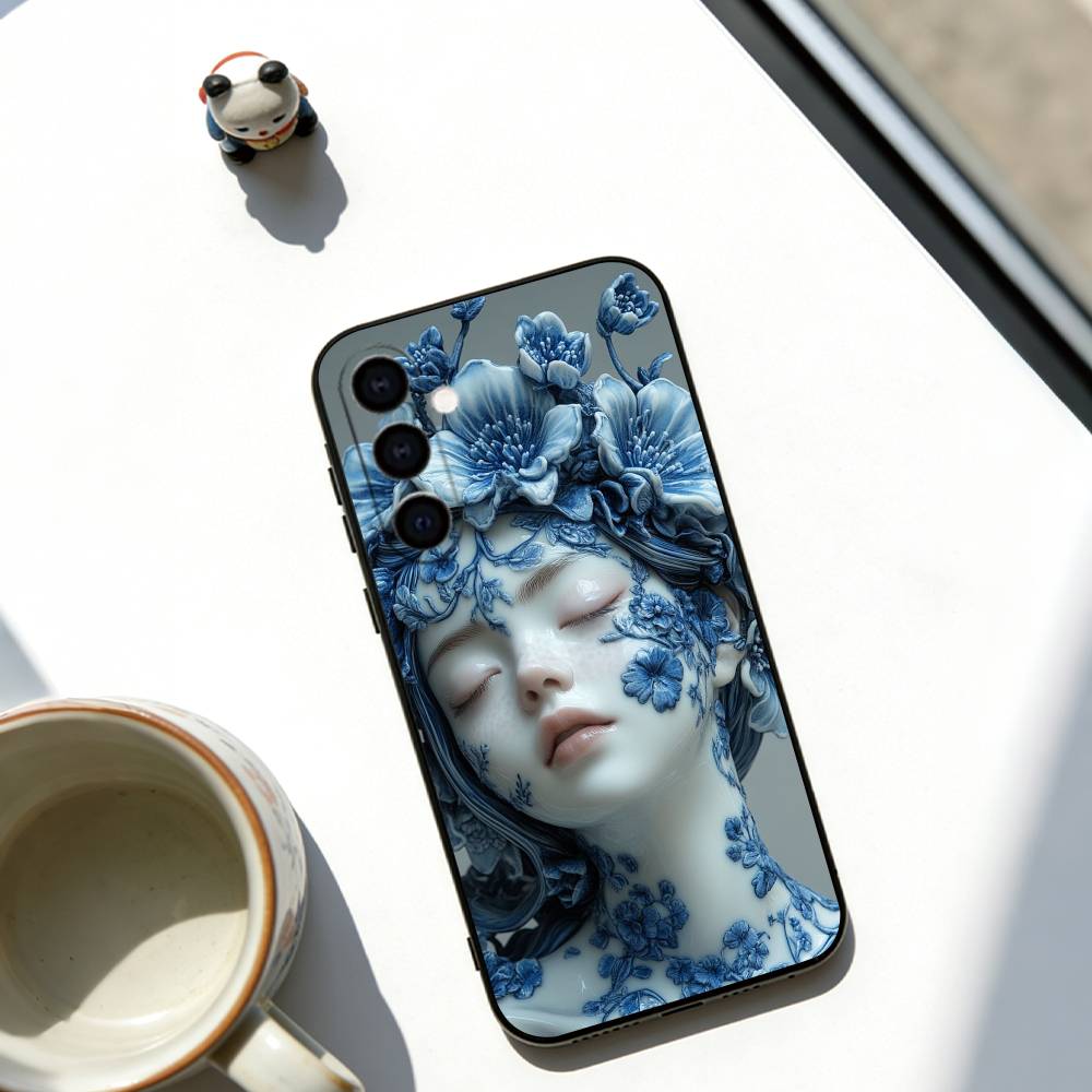 Blue & White Grace Phone Case Black Silicone Soft For Samsung Galaxy A73,A72,A71,A70,A53,A52,A51