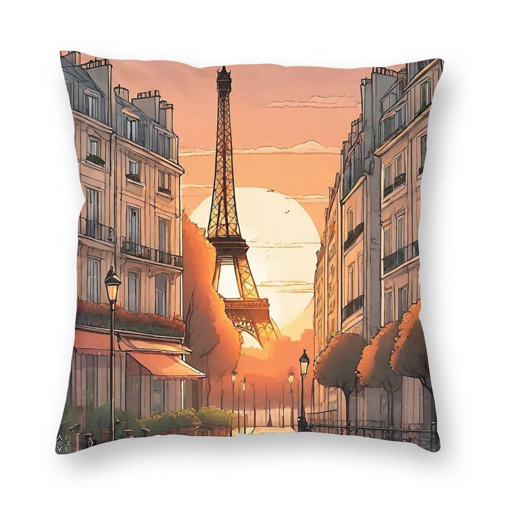 Sunrise Paris Eiffel Tower Square Pillowcase Polyester Linen Velvet Creative Zip Decor Room Cushion Cover