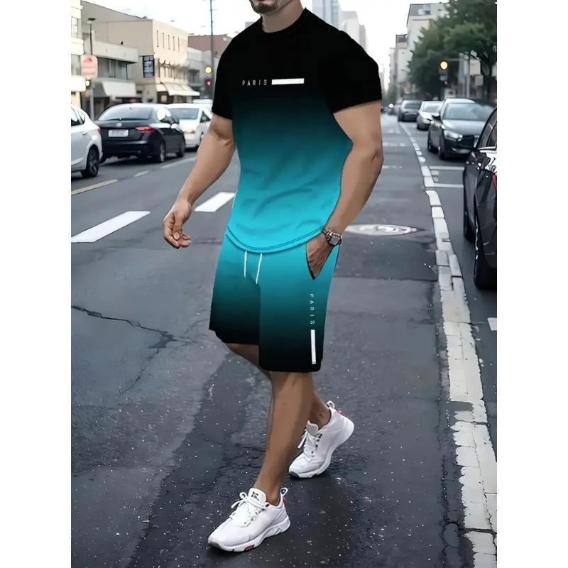 Ensemble Sportif Deux Pièces Imprimé 3D pour Homme T-shirt à Col Rond Couleur Dégradée Hauts à Manches Courtes Shorts Décontractés Fitness