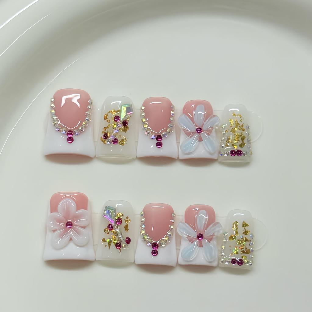 Handmade Creamy Rhinestone Press-On Nails - High-End Sparkle Clear Translucent Tips