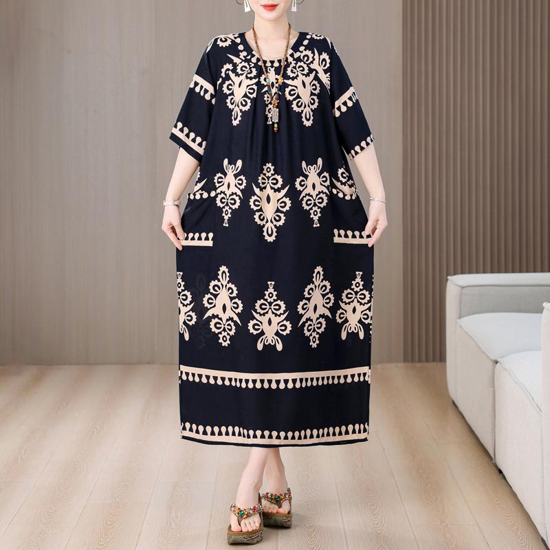 Plus Size Elegant Long Dresses for Women Clothes Loose Short Sleeve Vintage Summer Dress