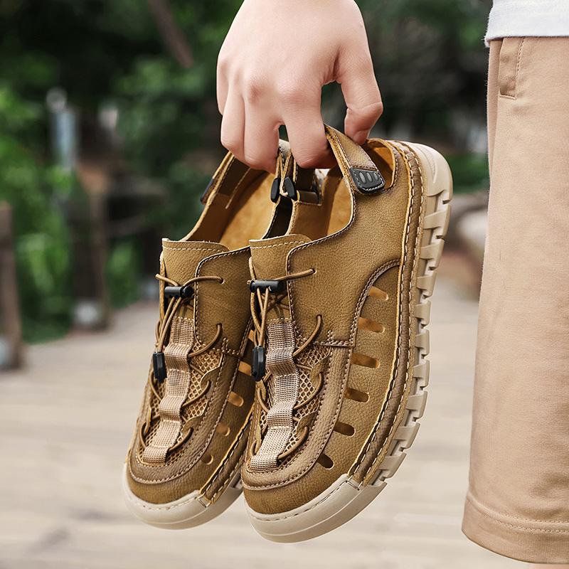 Men Sandals New Elastic Band Leather Hollow Breathable Comfortable Lightweight Summer Outdoor Beach Walking Sandals for Teen