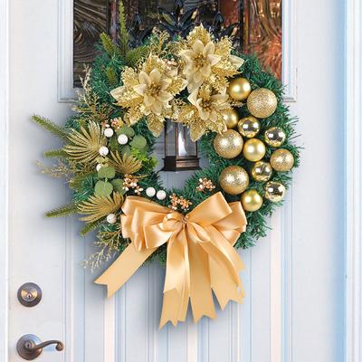 New Golden Christmas Ball Pine Needle Wreath Christmas Wreath Window Flower Rattan Door Hanging Decoration