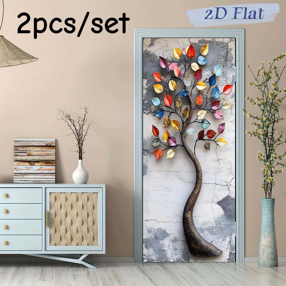 

2pcs colorful leaf metal texture wall stickers, with artistic twisted tree trunk design as the main body, paired with colorful l (as the picture,38.5x200cmx2)