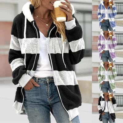 Women's Loose Large Size Plush Multicolor Paneled Hooded Zip Jacket