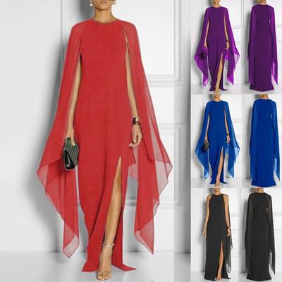 Women's Elegant High Split Flare Sleeve Formal Evening Gowns Chiffon Maxi Dress with Cape
