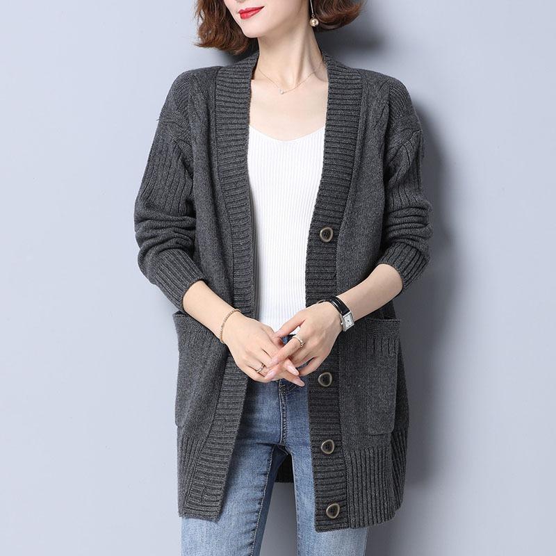 

Autumn and Winter New Style Lazy Style Loose Knitted Cardigan for Women Japanese and Korean Large Size Mid-length Casual Sweater Women s Coat Onesize серый